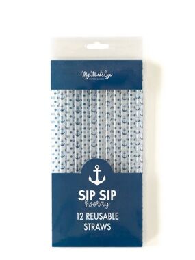 12 Nautical Sip Sip Hooray Blue Anchor Reusable Straws Polka Dots Summer Drinks